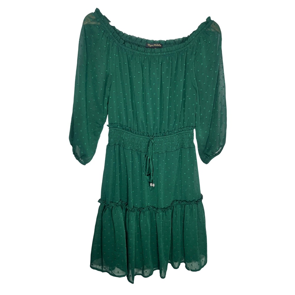 Ryan Michelle Dress Swiss Dot Mini PS Green Off Shoulder Smocked Tiered Ruffle